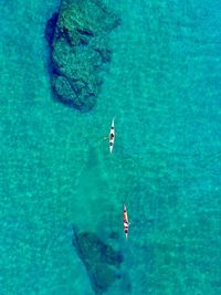 High angle view of kayaking in sea