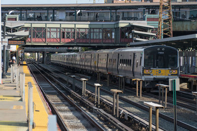 High angle view of train at railroad station