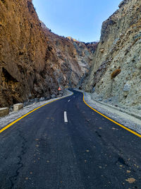 Road leading towards mountains against clear sky