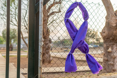 Close-up of clothes hanging on chainlink fence