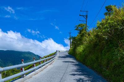 Road amidst trees against blue sky