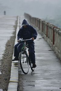 Rear view of man riding bicycle on road