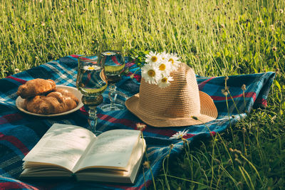 High angle view of books on field