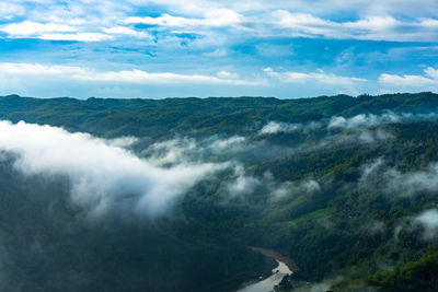 Scenic view of sea and mountains against sky