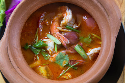 High angle view of soup in bowl on table