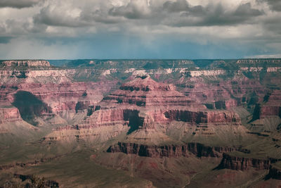 Aerial view of rock formations against cloudy sky