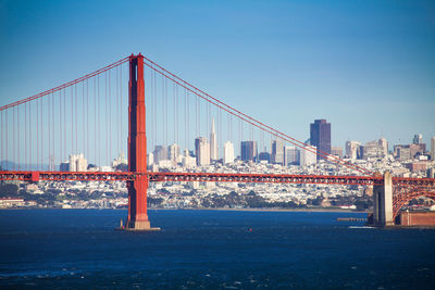 View of suspension bridge over sea in city