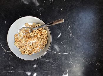 High angle view of breakfast served on table