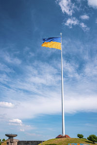 Bicolor blue and yellow national flag of ukraine waving in wind against sky
