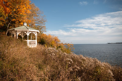 Built structure by sea against sky