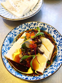 High angle view of food served on table