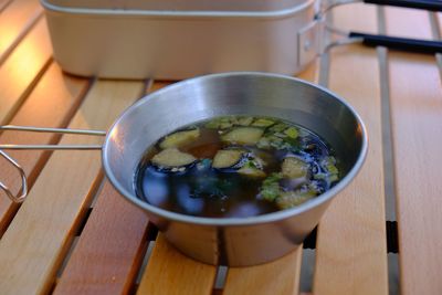 High angle view of soup in bowl on table