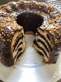 High angle view of chocolate cake in plate