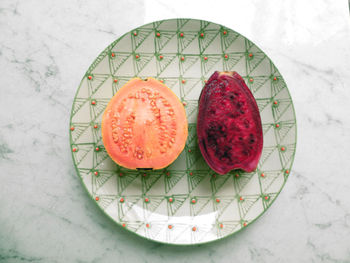 High angle view of food in plate on table