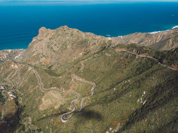 High angle view of land and sea against sky