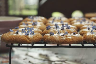 Close-up of cookies on metal grate