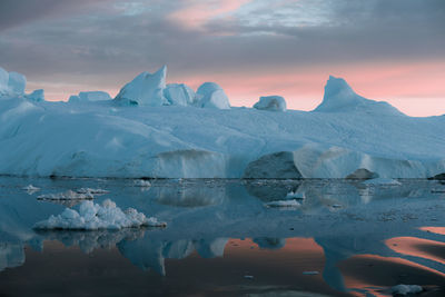 Iceberg in sea against cloudy sky during sunset