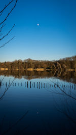 Scenic view of lake against clear blue sky