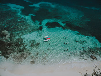 High angle view of people swimming in sea