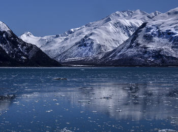 Scenic view of river by snowcapped mountains