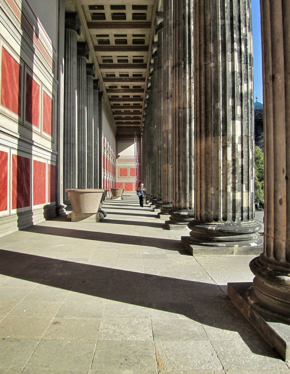 architecture, built structure, architectural column, column, the way forward, indoors, corridor, in a row, empty, colonnade, absence, diminishing perspective, building exterior, pillar, building, tiled floor, flooring, day, incidental people, walkway