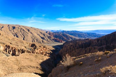 Scenic view of mountains against blue sky