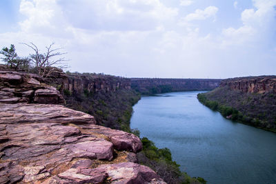 Scenic view of rock formation amidst trees against sky