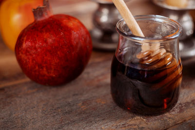 Close-up of drink in glass jar on table