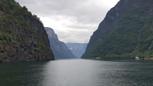 Scenic view of lake against cloudy sky