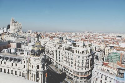 High angle view of city buildings against clear sky