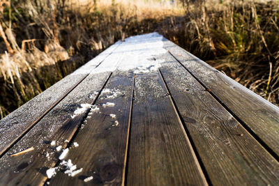 Surface level of wooden boardwalk on footpath