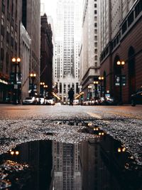 Reflection of buildings in puddle