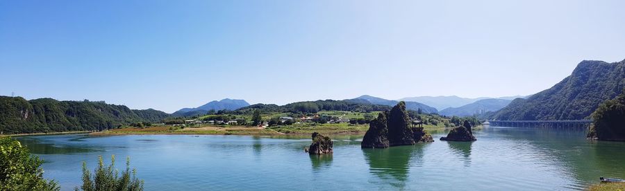Scenic view of lake and mountains against clear blue sky