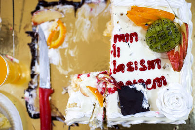 Close-up of eaten cake served in plate