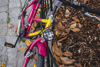 High angle view of bicycle parked on field