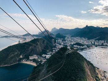 Overhead cable car with city in background