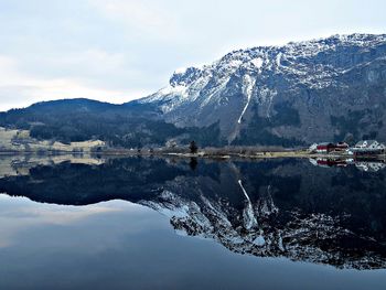 Scenic view of lake by snowcapped mountains against sky