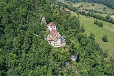 High angle view of trees and buildings in forest