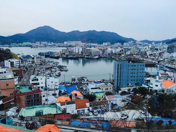 High angle view of buildings in city