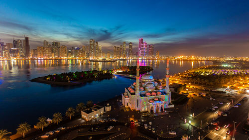 High angle view of illuminated city at night