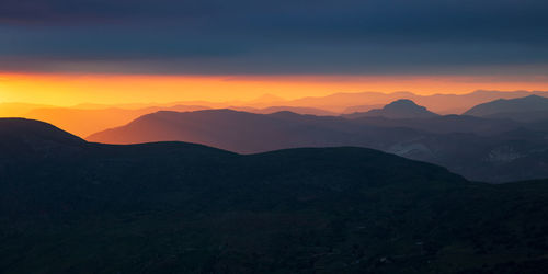 Scenic view of mountains against sky during sunset