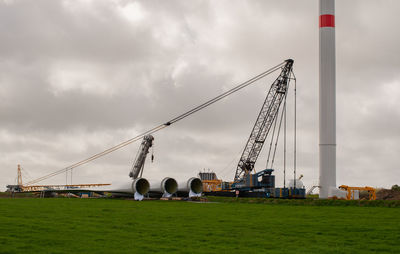 Cranes on field against sky