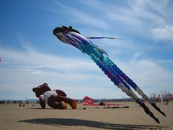Large kites flying over beach against sky