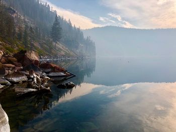 Panoramic view of lake and mountains against sky