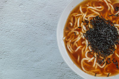 High angle view of soup in bowl