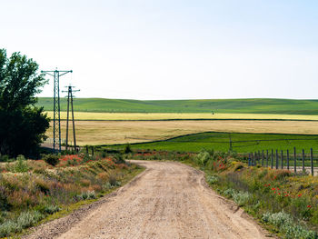 Dirt road amidst field against clear sky