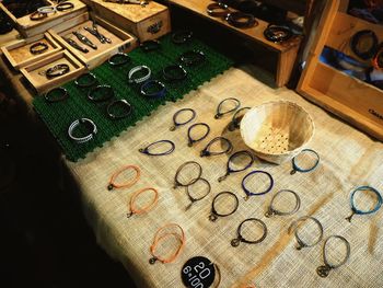 High angle view of coins on table