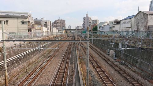 High angle view of railroad tracks amidst buildings in city