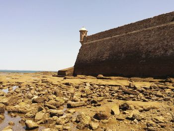 Low angle view of lighthouse against clear sky