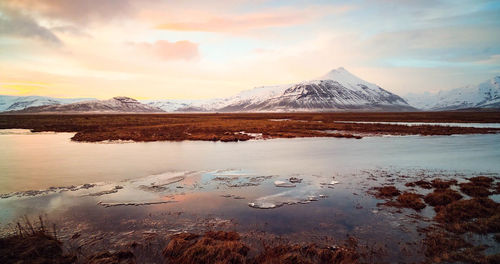 Scenic view of lake against cloudy sky